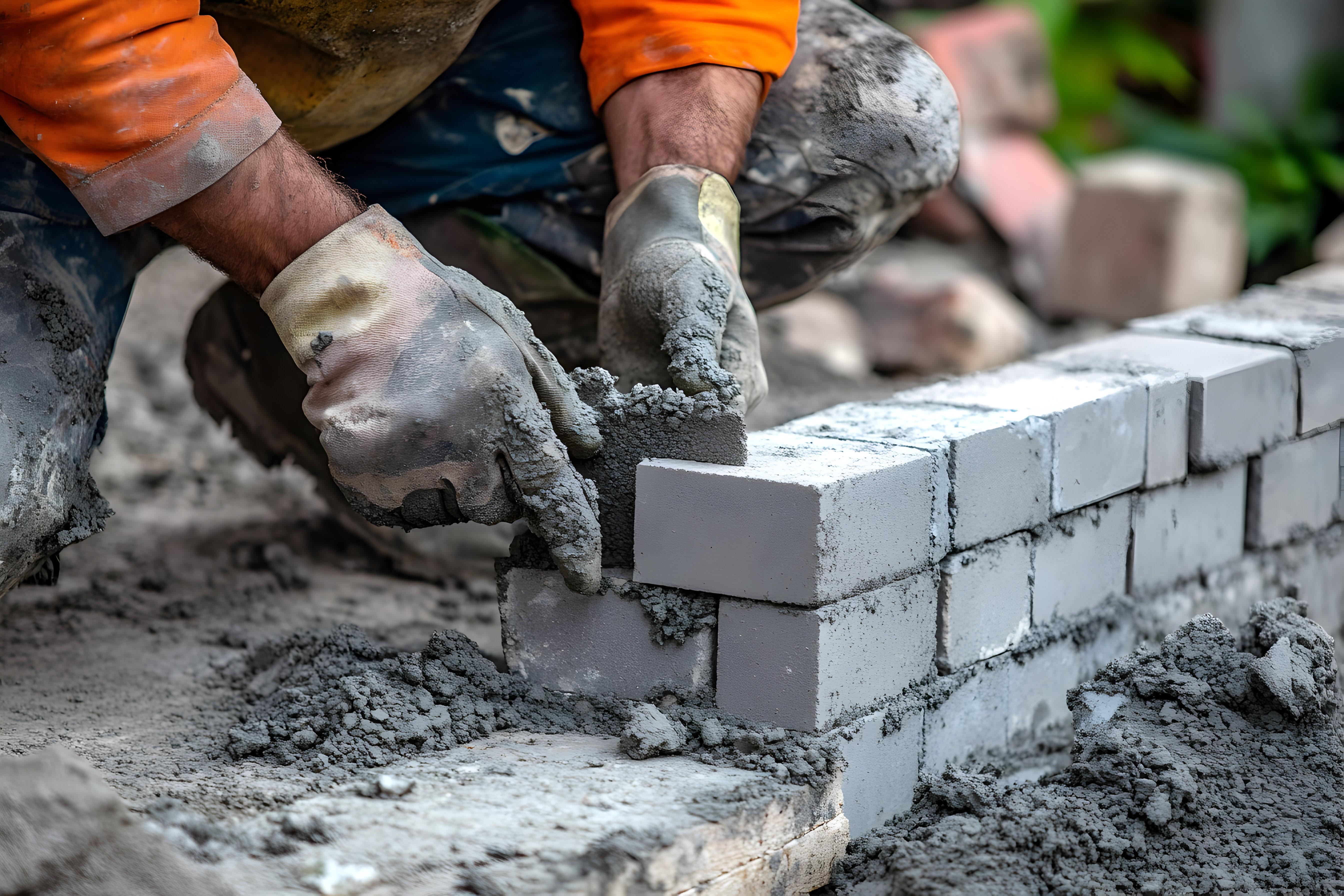 Mason laying bricks and mortar close-up